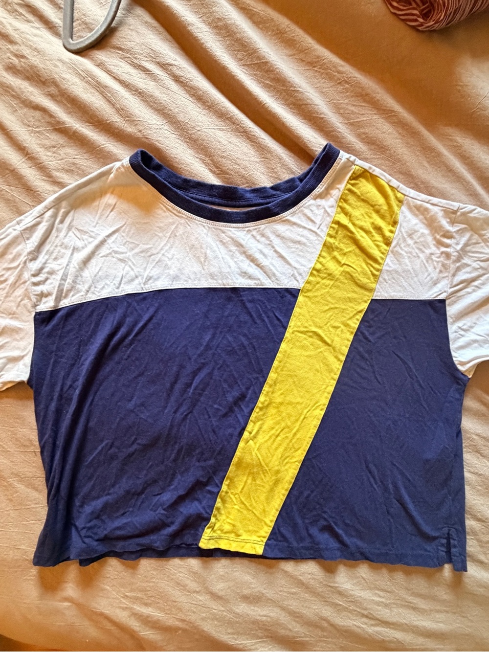 Maeve by Anthropologie Colorblock Navy and White Tee with Yellow Accent